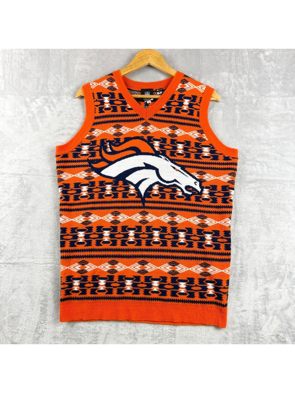 NFL Team Apparel Denver Broncos Men’s M Sweater Vest Orange Navy Fair Isle Knit